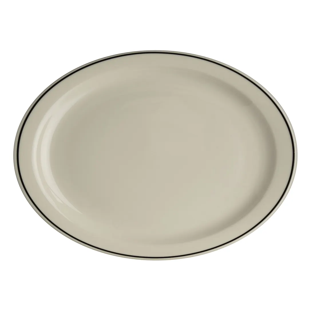 Steelite HL2601743 Oval China Platter, 11.38" x 9" White/Homer/Ivory/Black, Narrow Rim - 1 Dozen