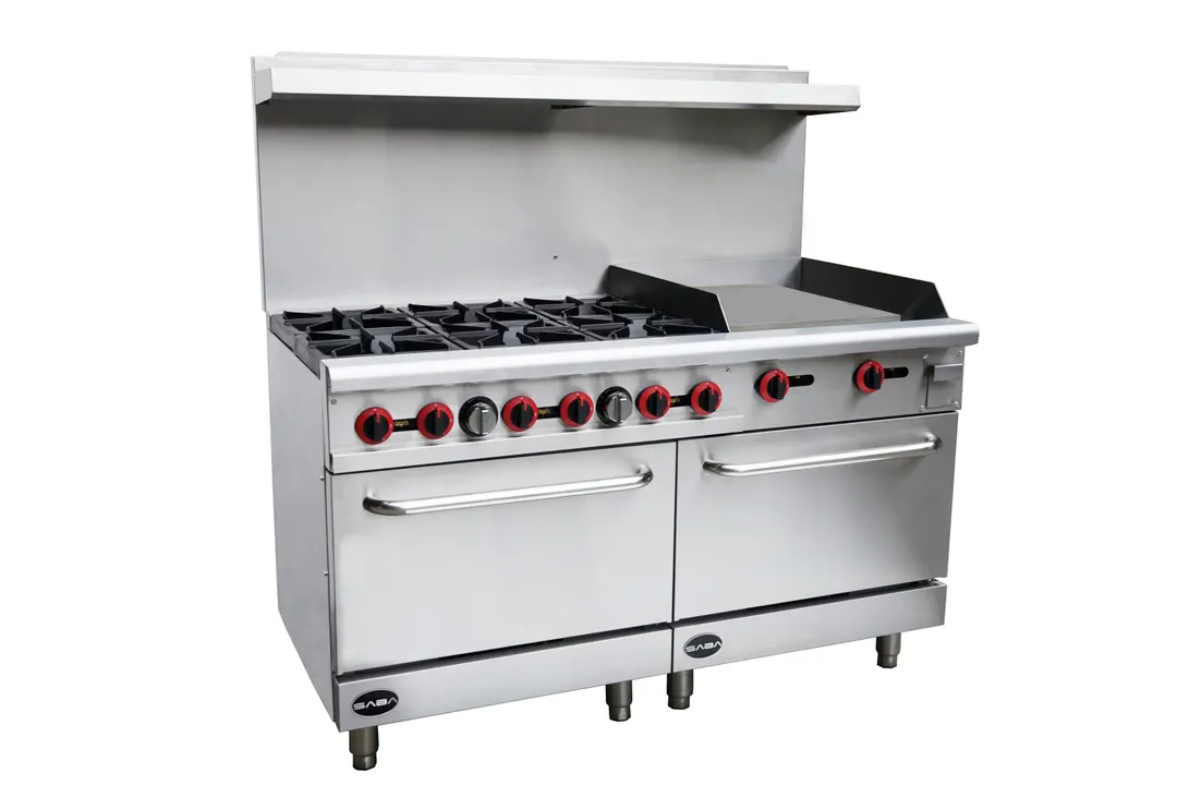Saba GR60-G24 60" Commercial Gas Range w/ 6 Open Burners, 24" Griddle, 2 Ovens , 278.000 BTU