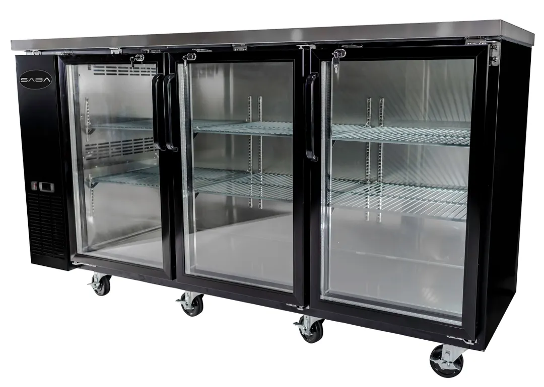 SABA SBB-24-72G Cooler, 72‑3/4" W × 22‑26" D, 19.6 Cu Ft (556 L), Black, 3 Glass Doors, Side‑Mounted