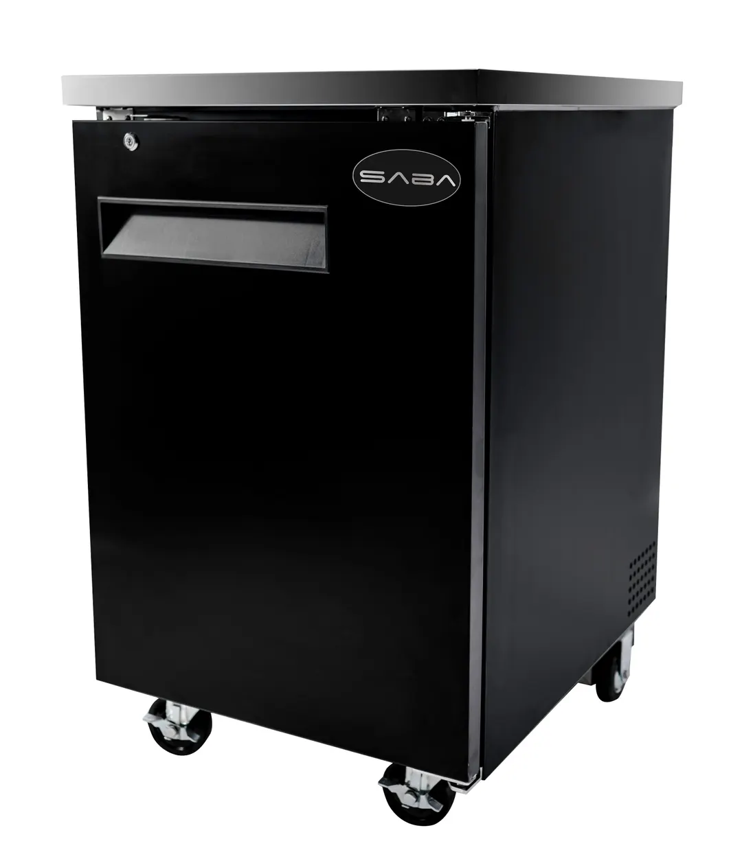 SABA SBB-27-23B Back Bar Cooler 23-1/2" W x 27-32" D Black Holds 1/2 Barrel/30 Cans R134a 4" Casters