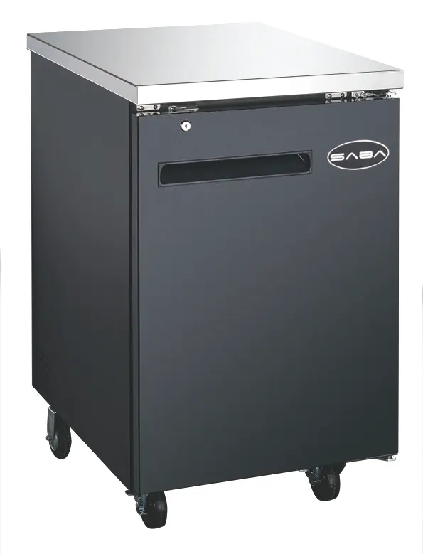 SABA SBB-27-23B Back Bar Cooler 23-1/2" W x 27-32" D Black Holds 1/2 Barrel/30 Cans R134a 4" Casters