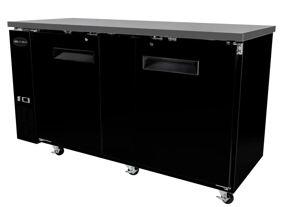 SABA SBB-27-69B Back Bar Cooler, 69"" W x 30"" D, Black, 112 6‑pk Cans, 2 Doors, Digital Temp, 115V