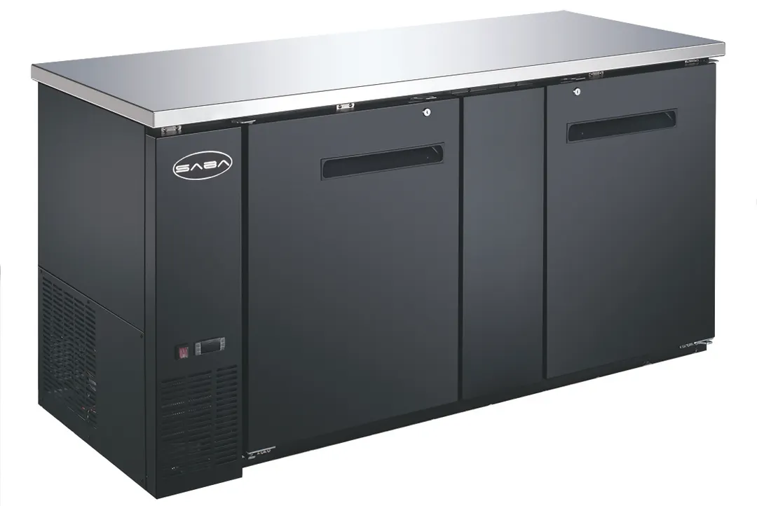 SABA SBB-27-69B Back Bar Cooler, 69"" W x 30"" D, Black, 112 6‑pk Cans, 2 Doors, Digital Temp, 115V