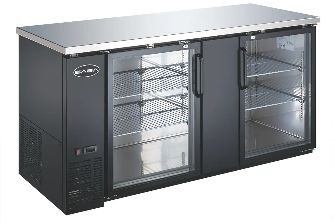 SABA SBB-27-69G Cooler, 69‑1/8" W, Black, 112 Cans, 33‑38°F, 1/3 HP, 115V, 4" Casters