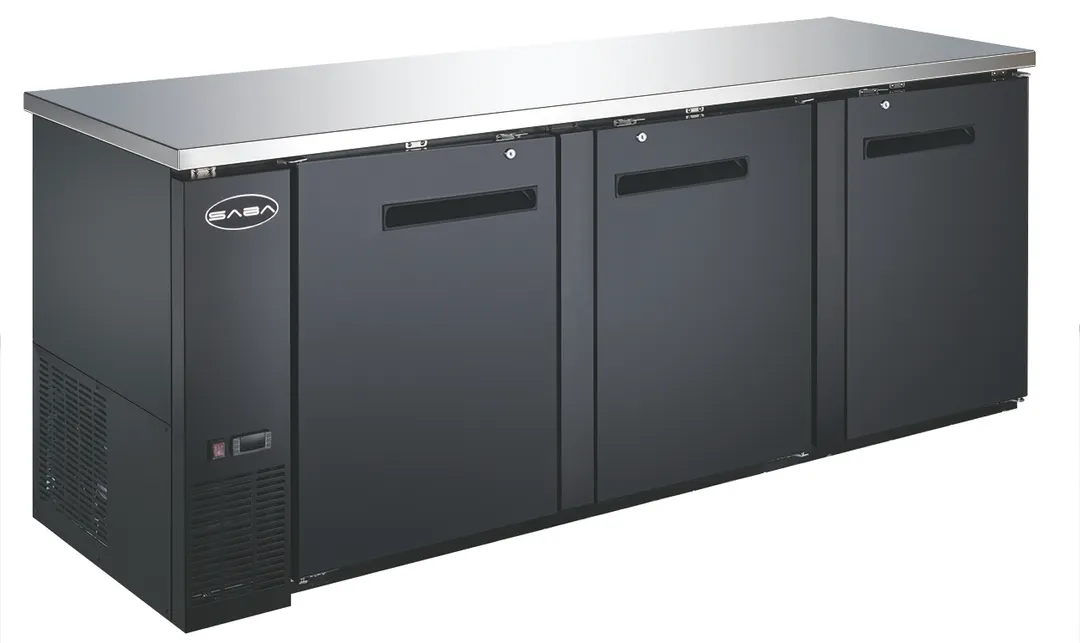 SABA SBB-27-90B Back Bar Cooler - 90-3/8" W, Black 3 Doors, Holds 4 Half Barrels, 115V, 4-in Casters