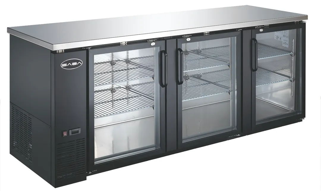 SABA SBB-27-90G Back Bar Cooler, 90-3/8" W x 27-32" D, Black, Doors, 6 Shelves, 33‑38°F, R134a, NSF