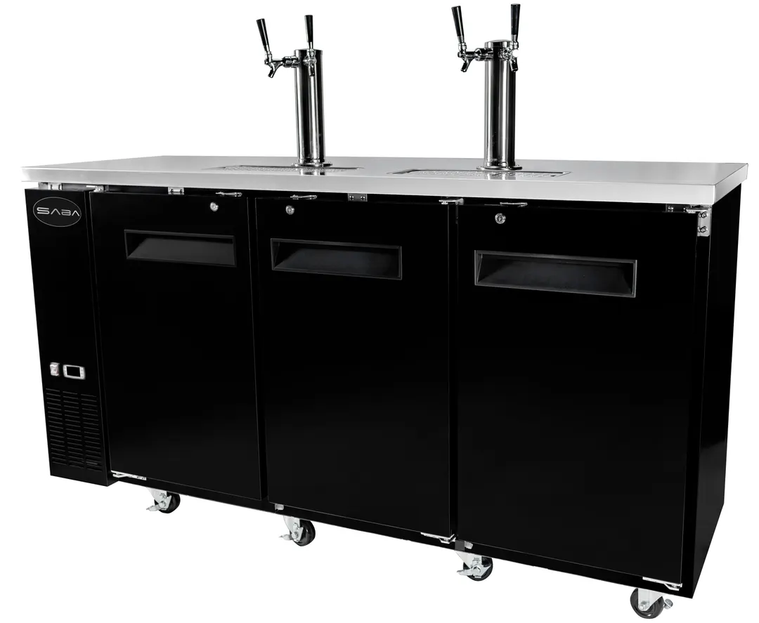 SABA SDD-24-72 Draw Beer Cooler, 72-3/4" W Black Holds 3 Half‑Barrel Kegs, 115V, 33‑38°F, 4" Casters