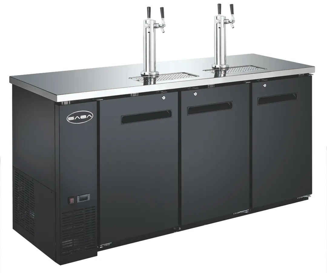 SABA SDD-24-72 Draw Beer Cooler, 72-3/4" W Black Holds 3 Half‑Barrel Kegs, 115V, 33‑38°F, 4" Casters