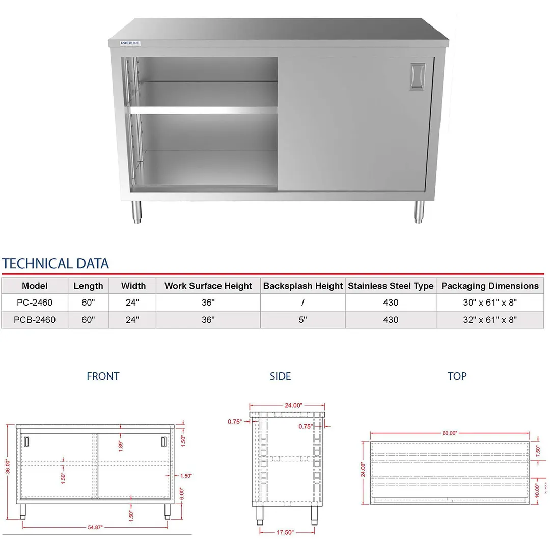 Prepline PC-2460 Cabinet Base with Sliding Doors Work Table with Mid-Shelf, 60"W X 24"D