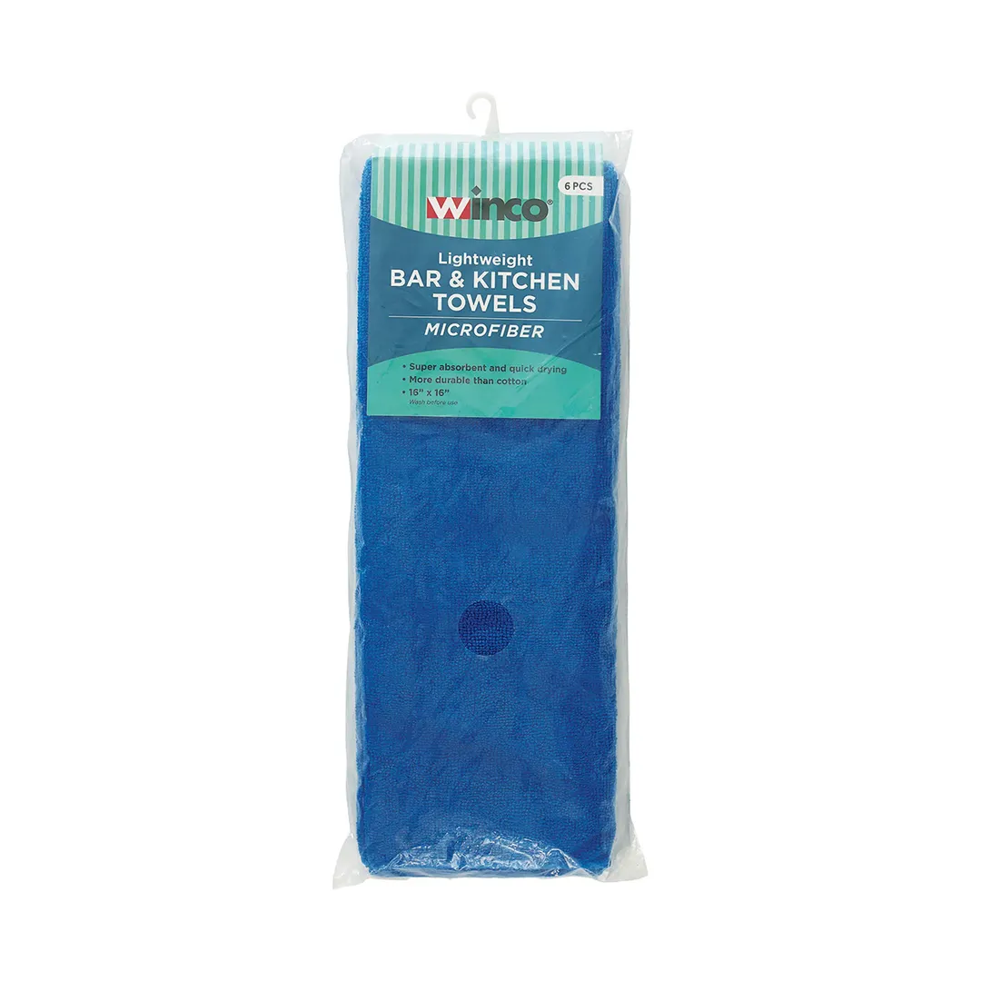 Winco BTM-16B Bar/Kitchen Towel Set, 16" x 16" Square Microfiber Cleaning Cloths, Blue, 6/Pack