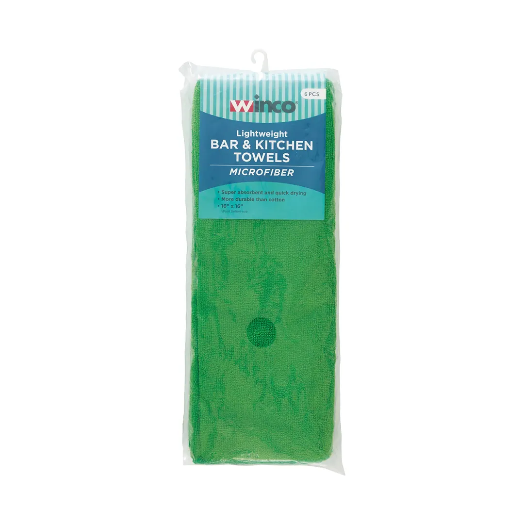 Winco BTM-16G Bar/Kitchen Towel Set, 16" x 16" Square Green Microfiber Cleaning Cloth - 6/Pack