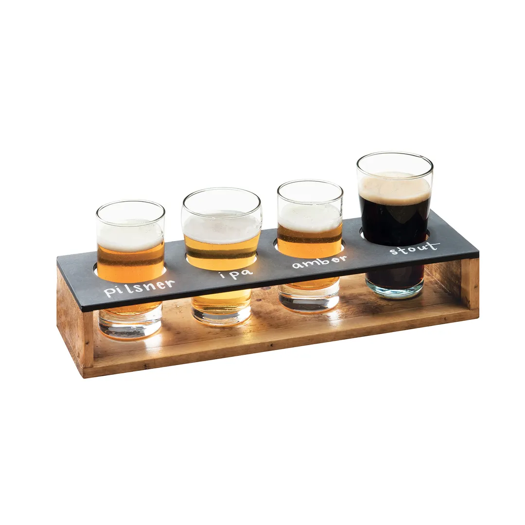 Cal-Mil 3480-99 Taster Caddy, 13" W x 4" D x 2.5" H, Pine Wood, Write-On, 4 Cutouts for Beer or Wine