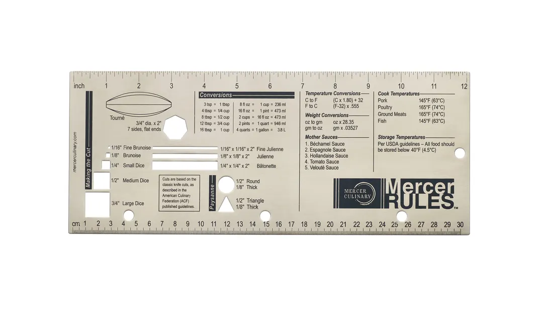 Mercer M33241 Rules™ Two‑Sided Culinary Tool, 12‑1/4" x 5" Stainless Steel Measurement Guide