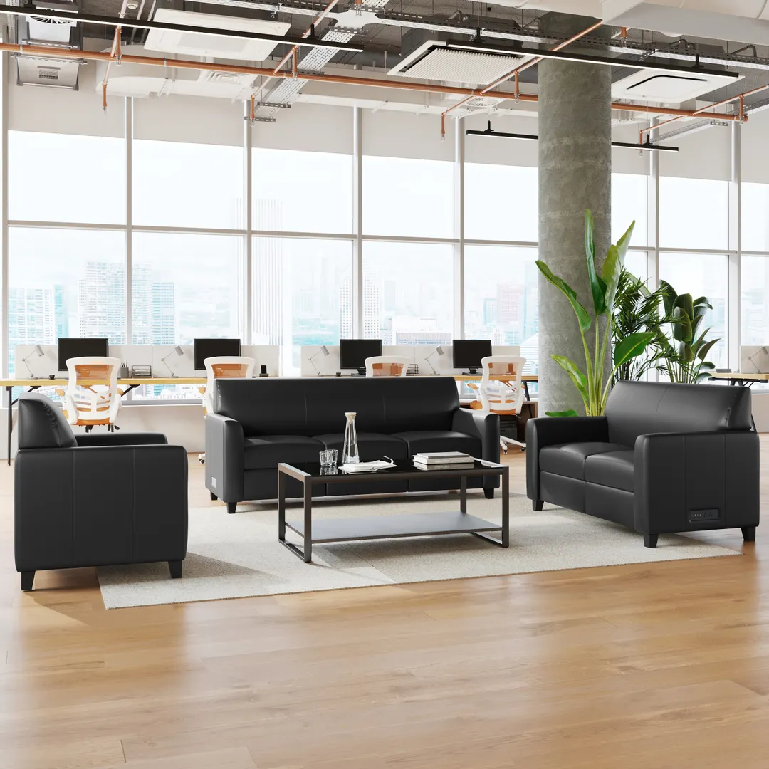 Flash Furniture BT-827U-SET-BLK-GG 3-Piece Reception Sofa Set with Charging Banks, LeatherSoft Upholstery, Black, 70-1/4W x 30D x 33-1/2H