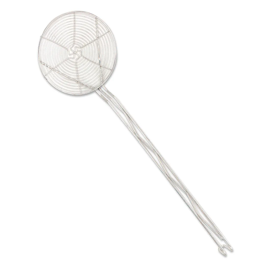 Browne USA 1308 Skimmer, 8" Round Spiral Wire Basket, Nickel‑Plated Coarse Mesh, Hooked 25" Handle