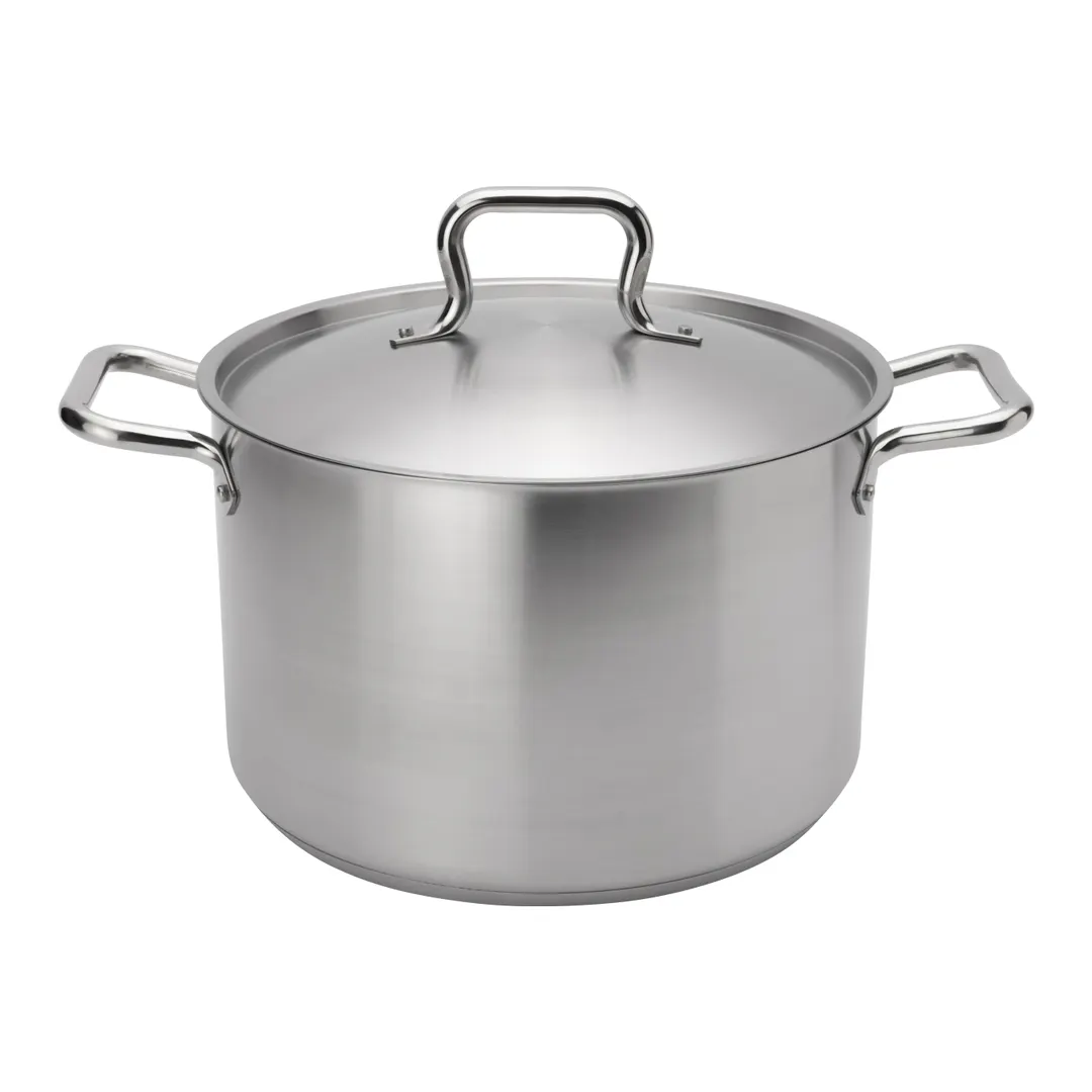 Browne USA 5733912 Stock Pot, 12‑Qt 11" Dia x 7‑3/10" H, Steel, Lid, Riveted, Base Induction, NSF