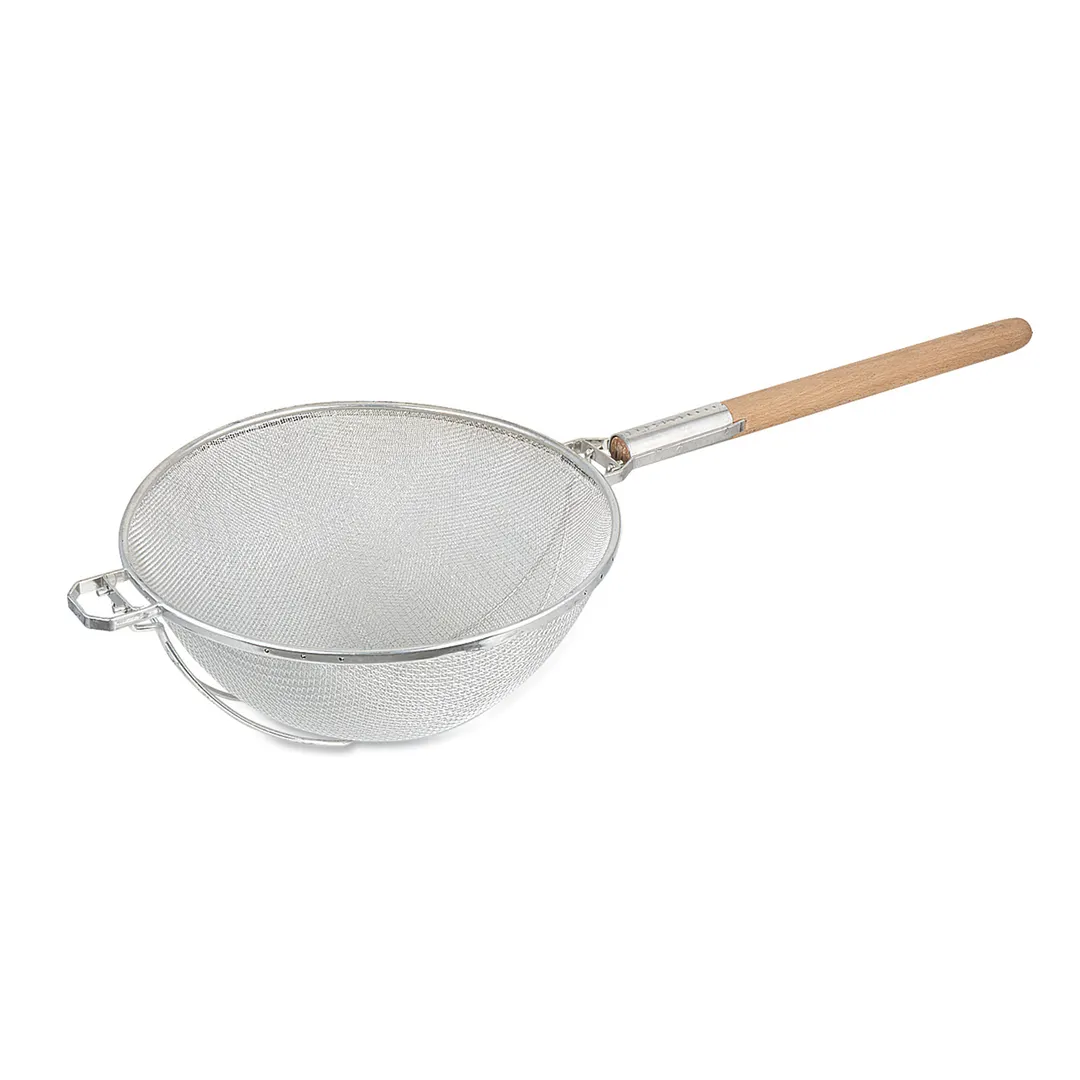 Browne USA 574133 Mesh Strainer 12" Bowl, 15" L Wooden Handle, Double Mesh Tin-Plated Tinned