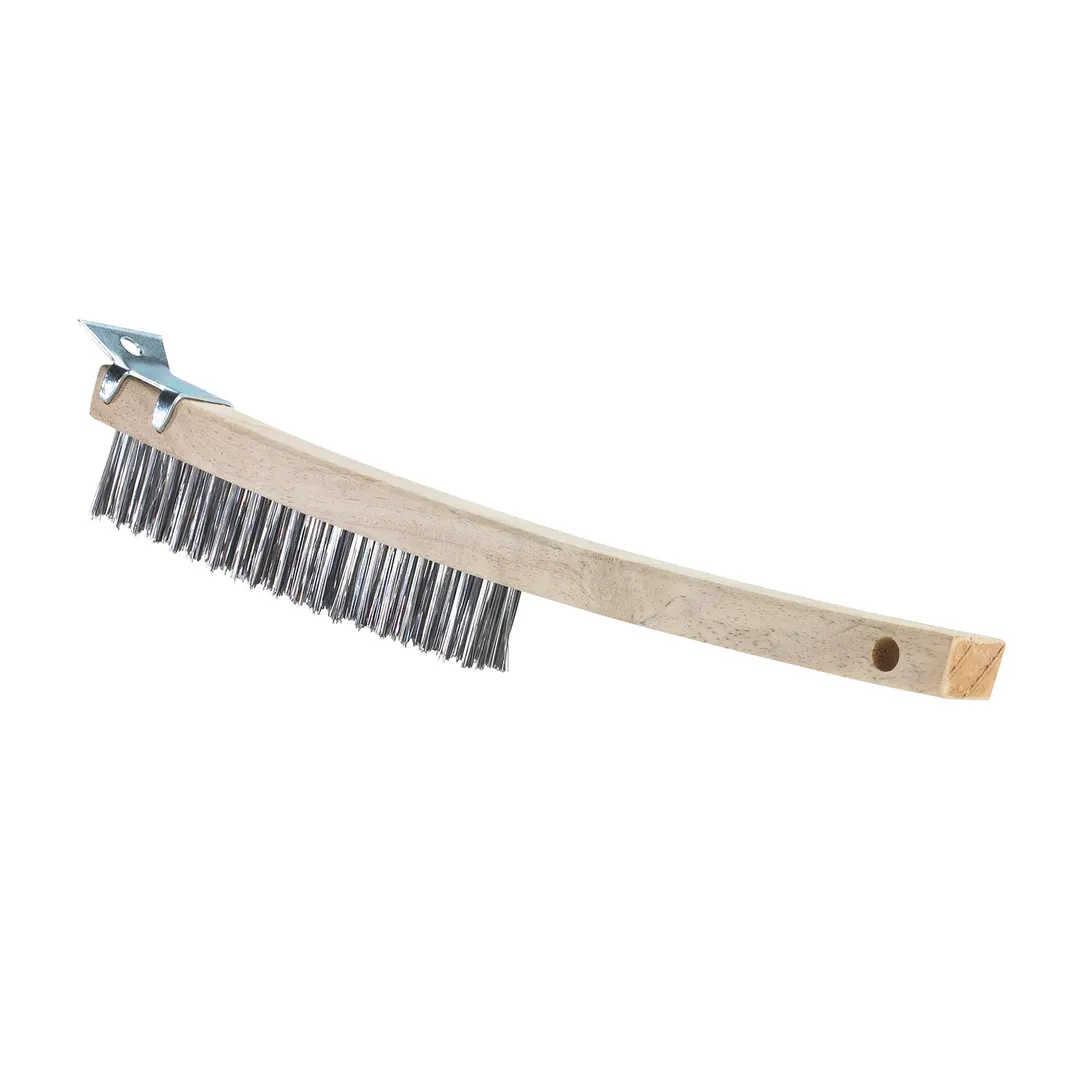 Browne USA 574260 Wire Brush, 14" Wood Handle with Scraper, Steel Wire Bristles 3 x 19 Rows