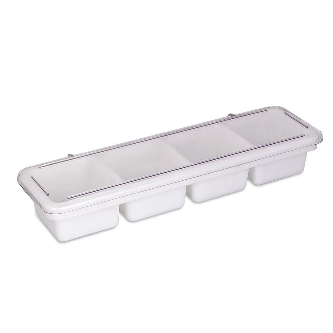 Browne USA 574837 Bar Caddy Tray, 4‑Compartment White Plastic, 18" x 5" x 3", 1.25 pt, Clear Cover