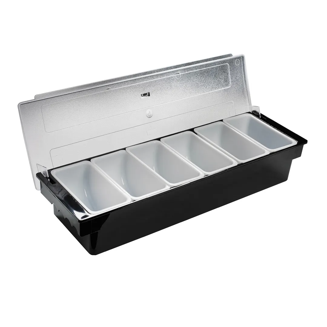 Browne USA 57483802 Condiment Holder, 6-Comp Black Plastic Base, 20" x 5" x 6-1/2", 1-Pint Inserts