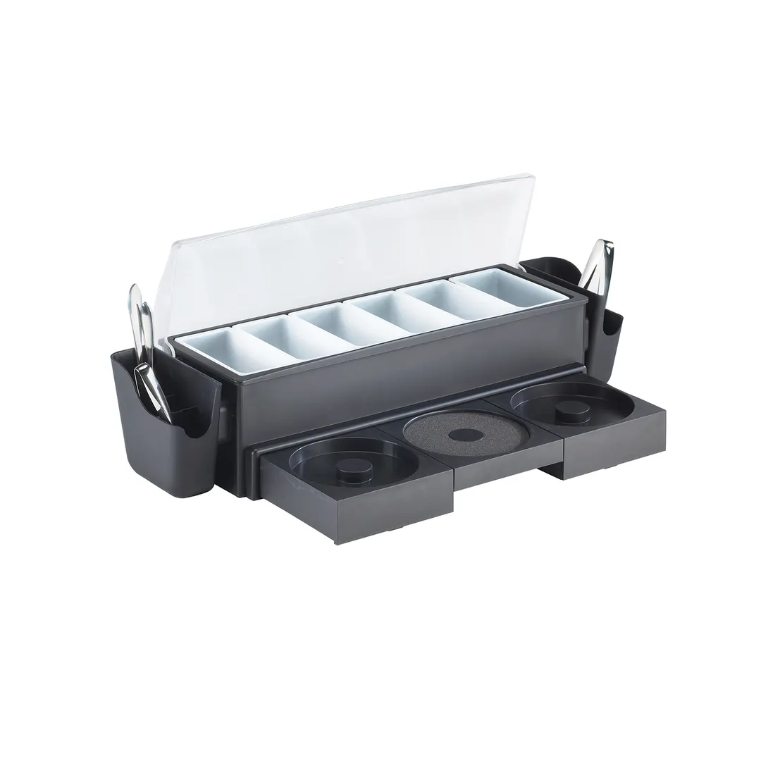Browne USA 574875 Condiment Holder-6‑Section, 20"L×7"W×6"H, Black Plastic Pint Inserts,Salt Rimmer