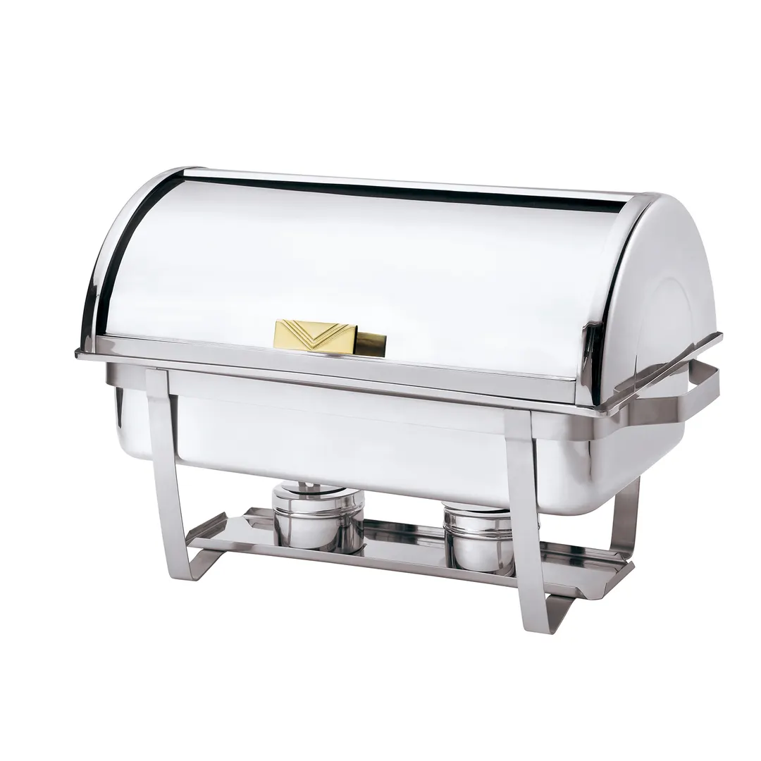 Browne USA 575135 Chafing Dish 9Qt Rect 25½"x15¼"x15" Stainless Steel Mirror Roll Lid Gold Handle