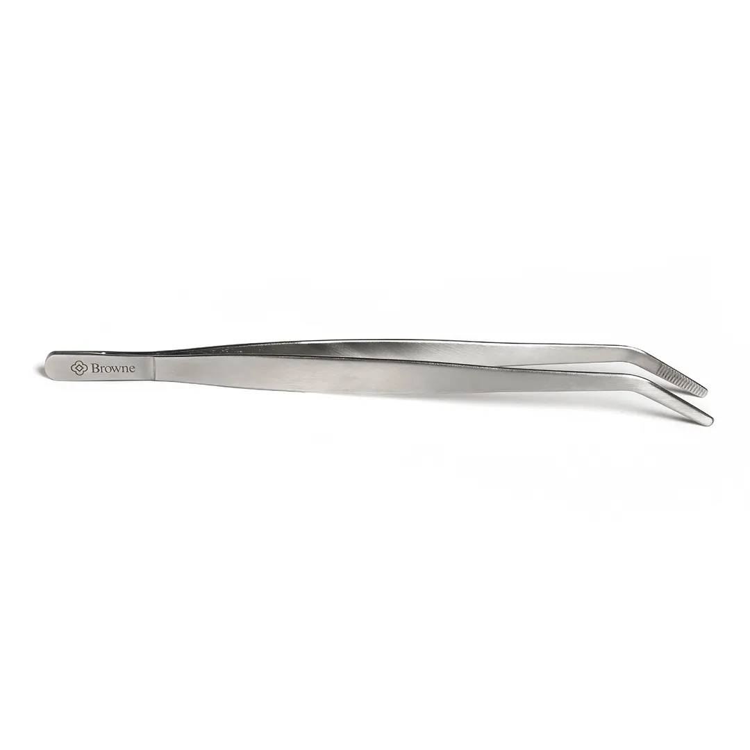 Browne USA 57515 Tongs, 8" Curved Stainless Steel, Serrated Tip, 3"-9" Length, Plating Tool