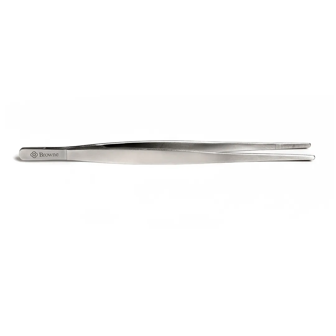 Browne USA 57516 Precision Tongs, 8" Straight Stainless Steel with Serrated Tip, Size 3"-9"