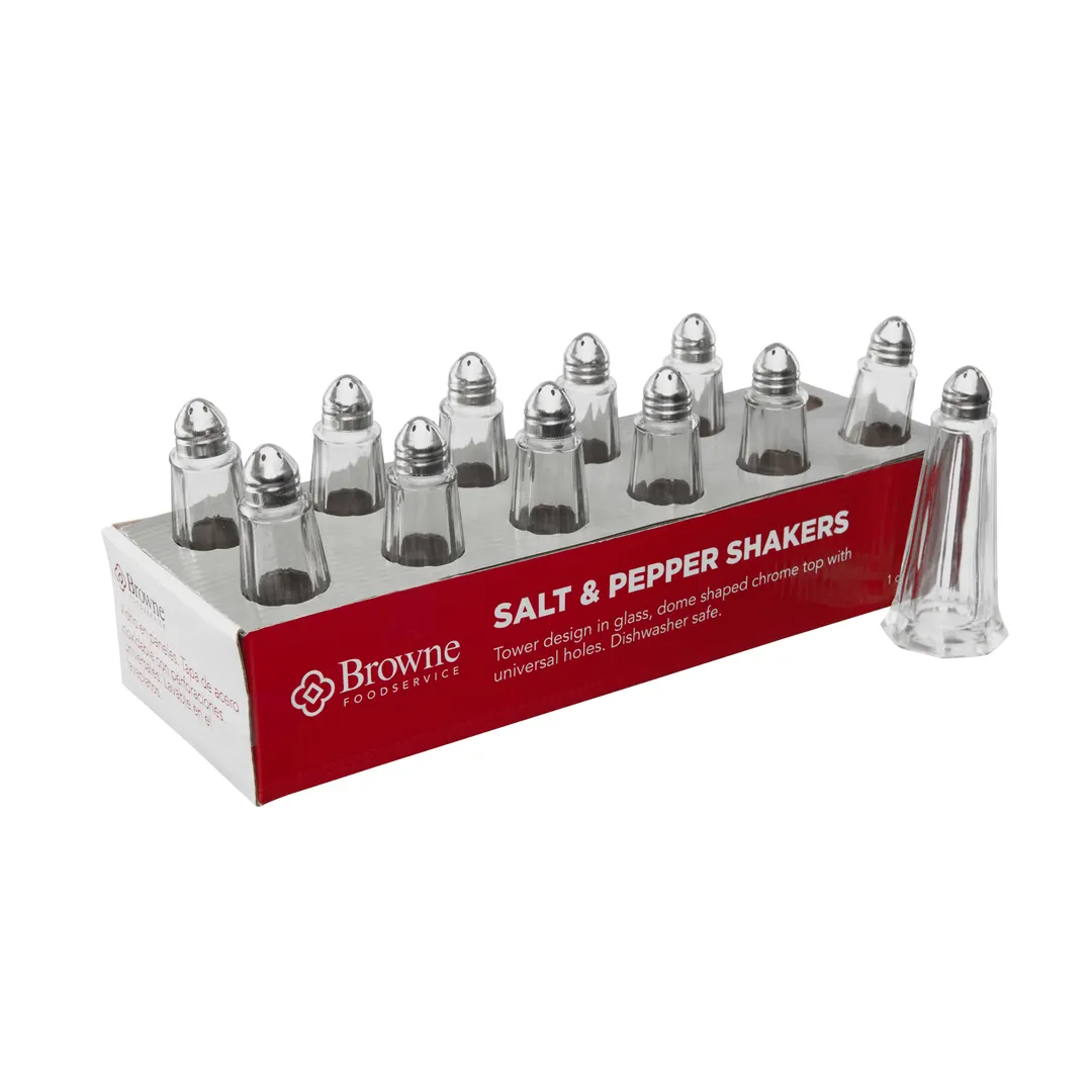 Browne USA 575221 Salt & Pepper Shaker, 1 oz, 2" x 4-1/2" H Glass Jar with Chrome Top - 12/Set