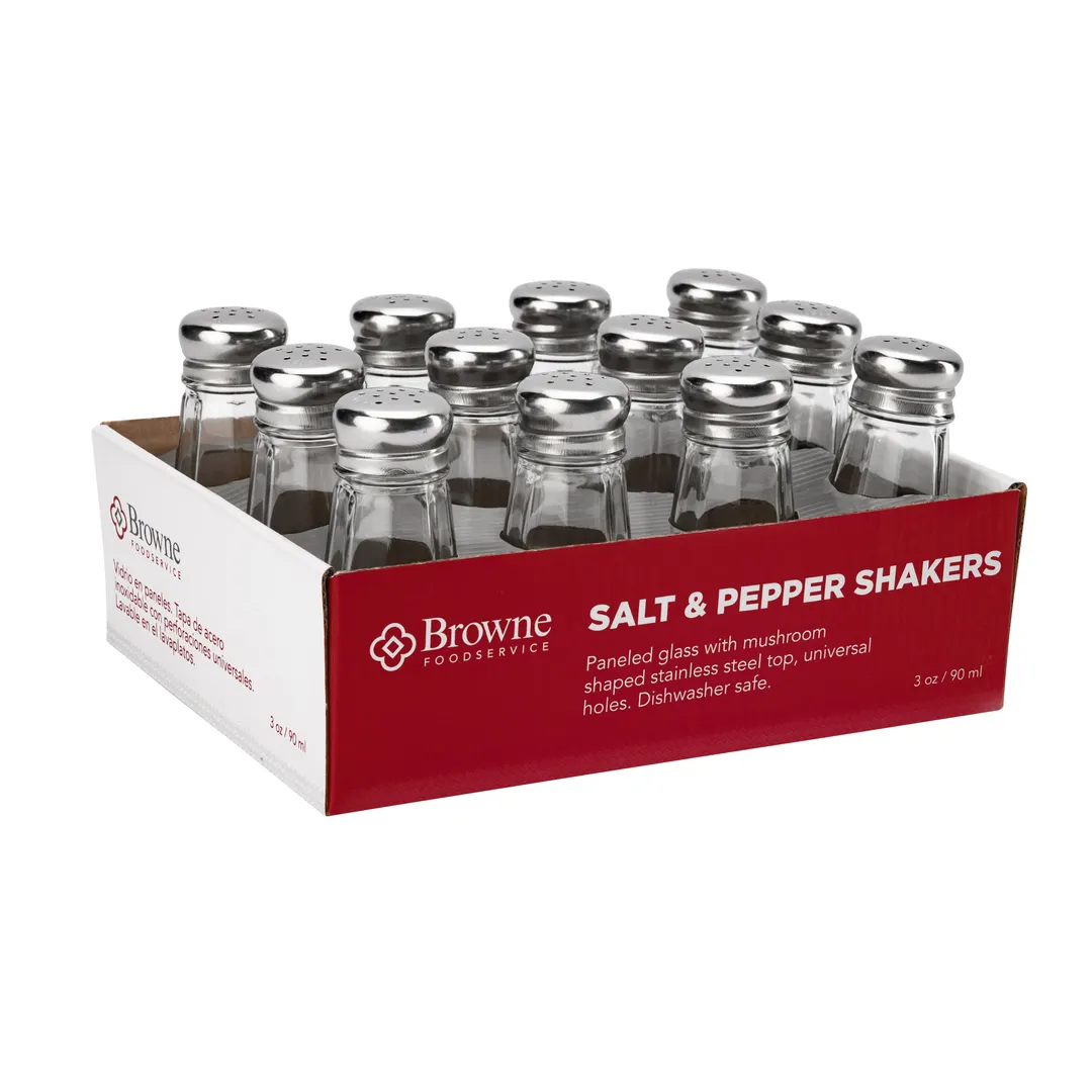 Browne USA 575223 Salt Pepper Shaker Set, 3 oz, 2.1"×4.6" Glass Jar, Stainless Steel Top - 12/Set