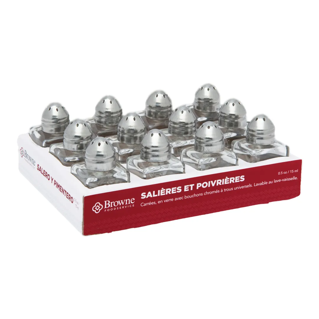 Browne USA 575225 Salt & Pepper Shaker Set, 1/2 Oz Glass with Chrome Top - 12/Set