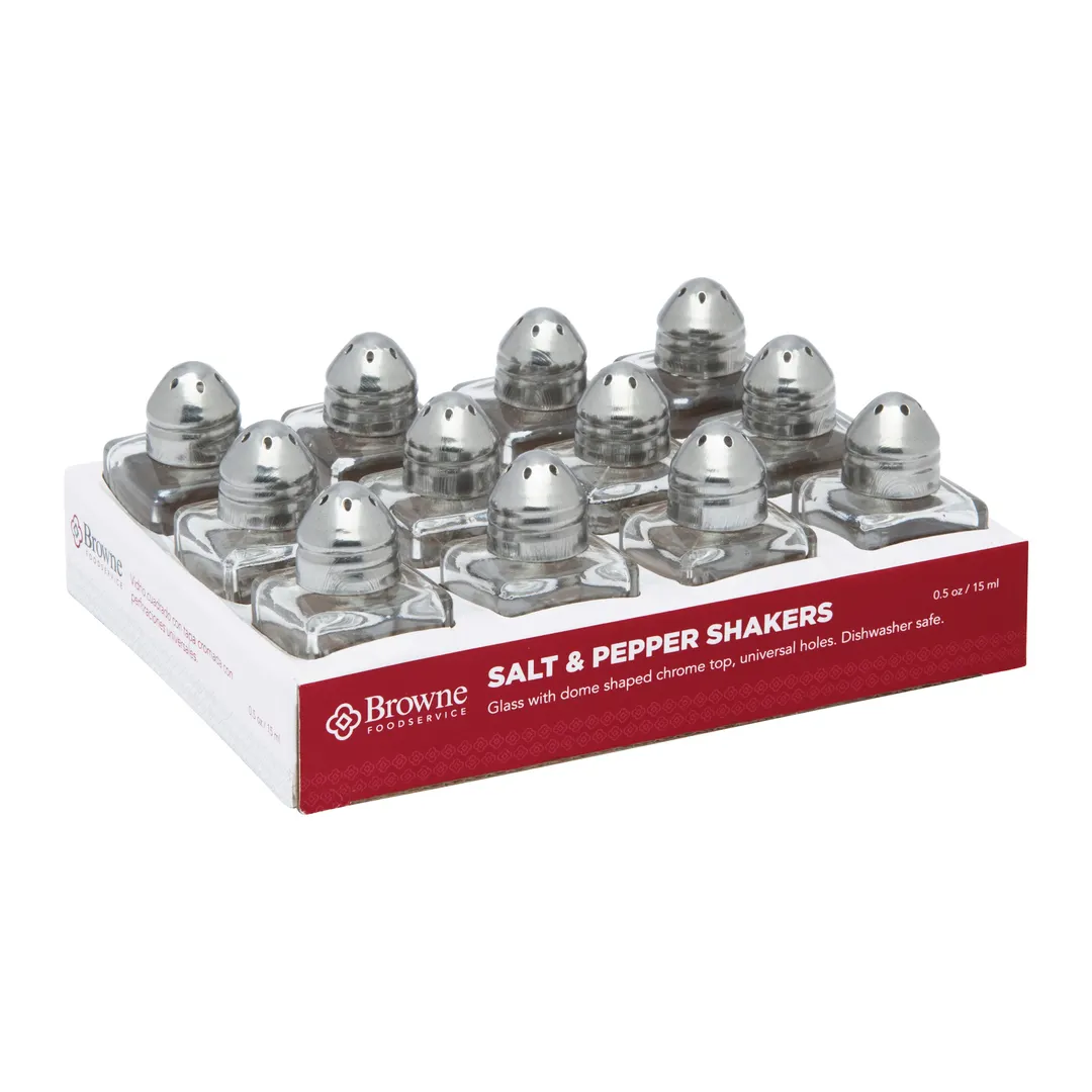 Browne USA 575225 Salt & Pepper Shaker Set, 1/2 Oz Glass with Chrome Top - 12/Set