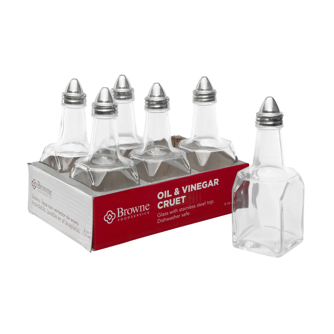 Browne USA 575226 Oil & Vinegar Dispenser, 6 oz, 2" x 6" Glass with Stainless Steel Tops - 6/Set