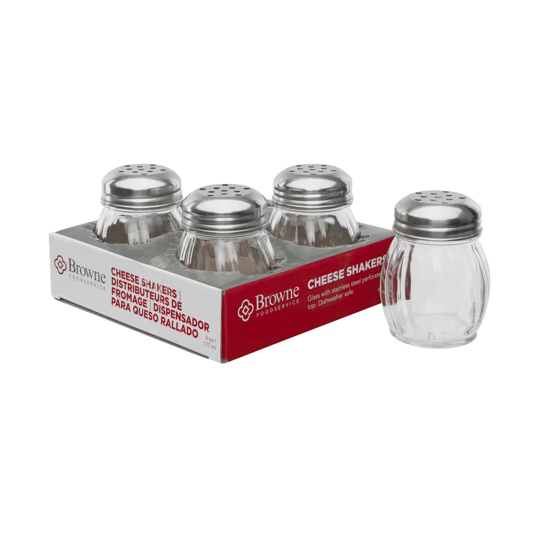 Browne USA 575227 Cheese & Spice Shaker Set, 6-9 oz, 2.6" Dia x 3.6" H, Glass, Silver Top - 4/Set