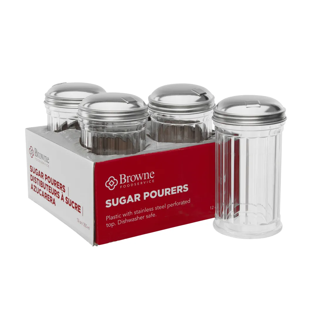 Browne USA 575231 Sugar Pourer, 12 Oz, 3" Dia x 5-3/5" H, Spout, Clear Plastic, Steel Top - 4/Set