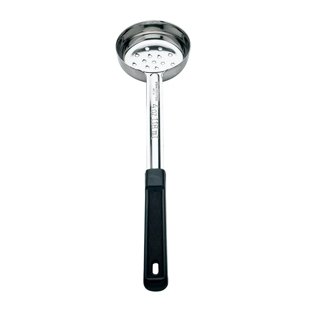 Browne USA 5757241 Portion Spoon – 4 Oz, 10-4/5" Length, Perforated Stainless Steel, Black Handle