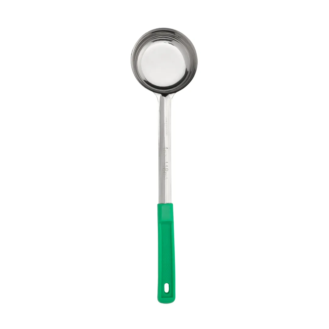 Browne USA 5757440 Portion Control Spoon – 4 oz Solid Steel, Green Handle, 10-4/5" , 392°F, 1.0 mm