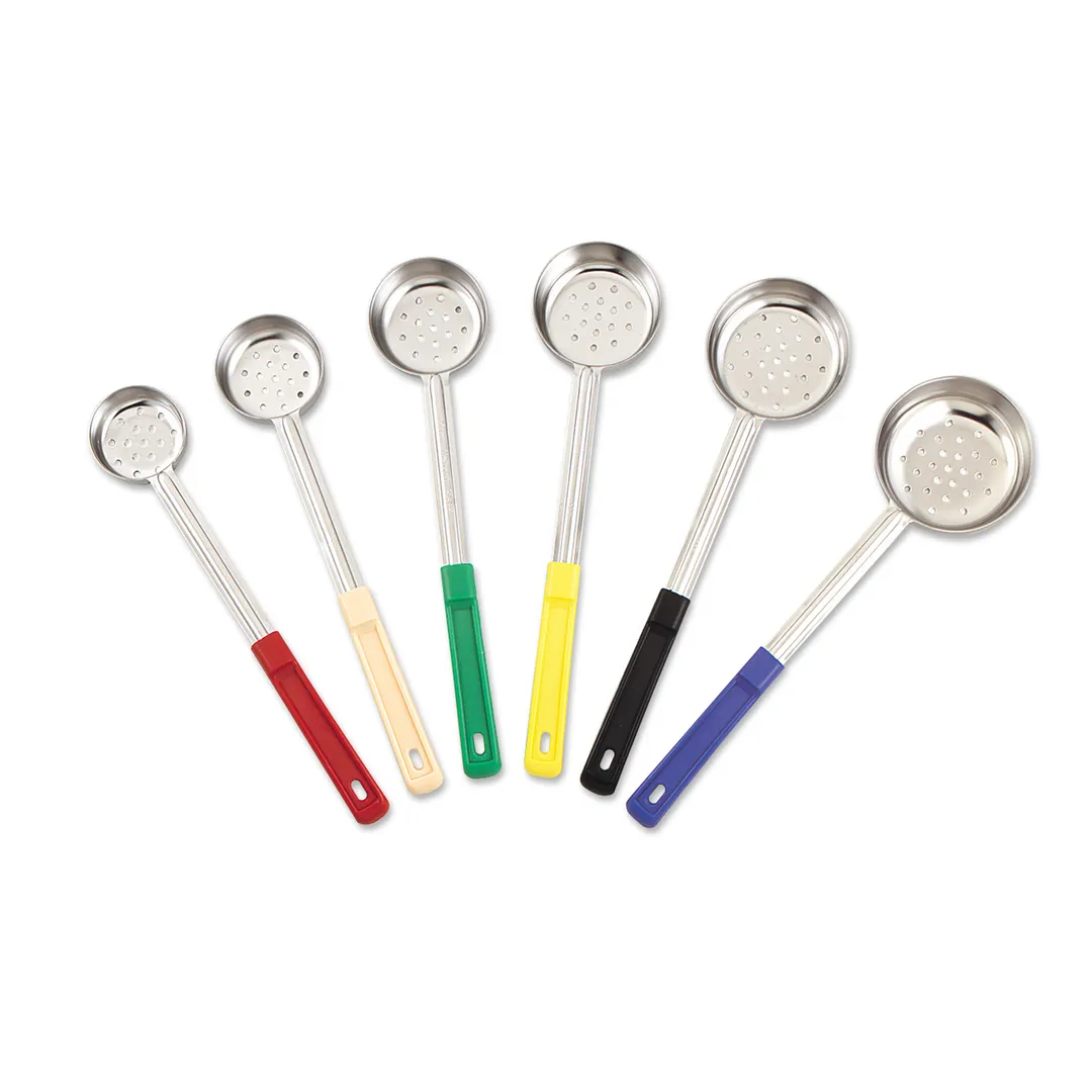 Browne USA 5757451 Portion Control Spoon - 5 oz, 10-4/5" perforated stainless steel, Yellow Handle