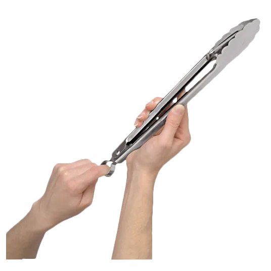 Browne USA 57579 Tongs – 16" Stainless Steel, Silver Handle, Lock & Hanging Loop, Dishwasher Safe