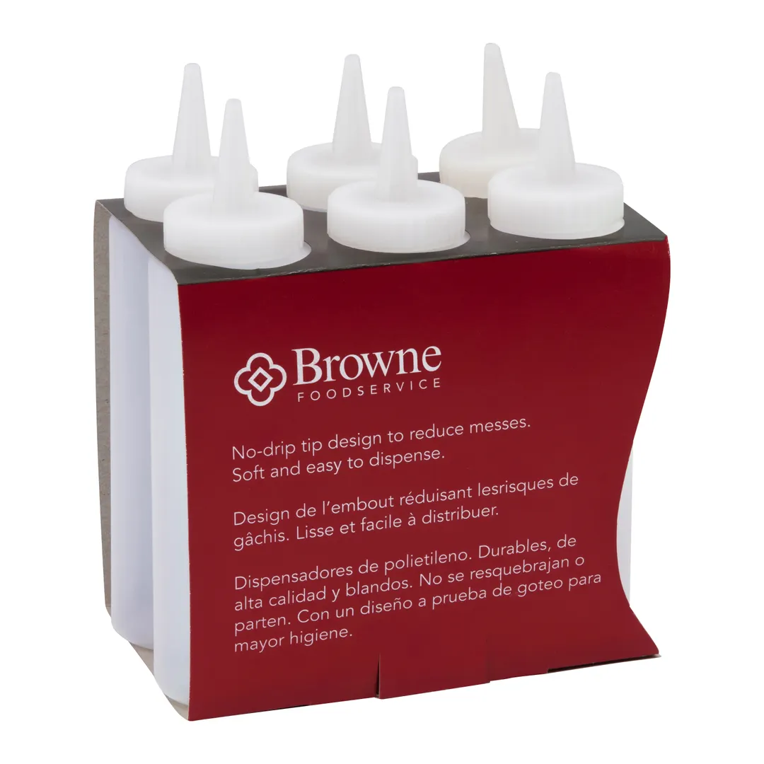 Browne USA 57800800 Squeeze Bottle, 8 Oz Clear Polyethylene, No‑Drip Tip, Clear Cap - 6/Set