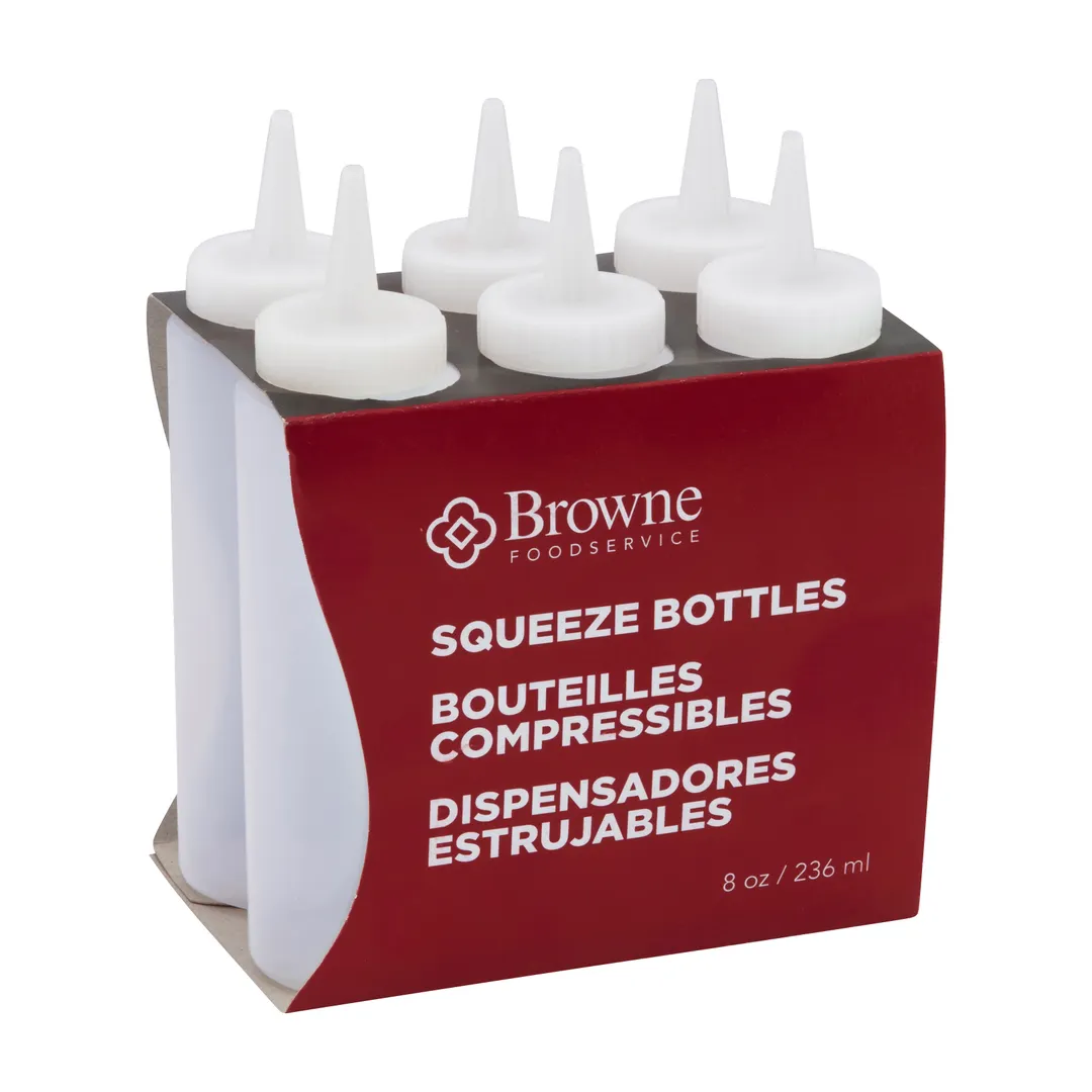 Browne USA 57800800 Squeeze Bottle, 8 Oz Clear Polyethylene, No‑Drip Tip, Clear Cap - 6/Set