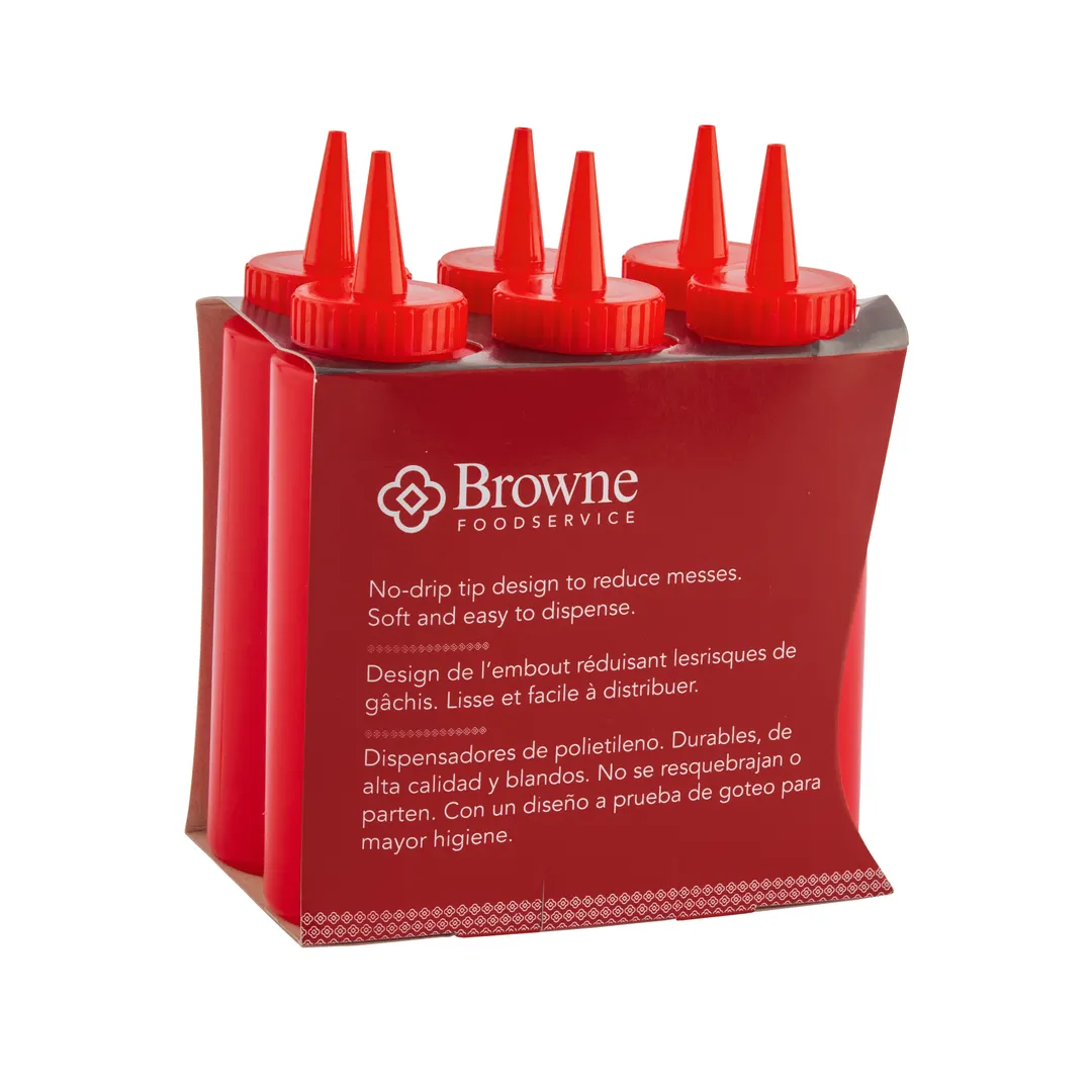 Browne USA 57800805 Squeeze Bottle, 8 oz Polyethylene Red Ketchup Dispenser with No-Drip Tip - 6/Set