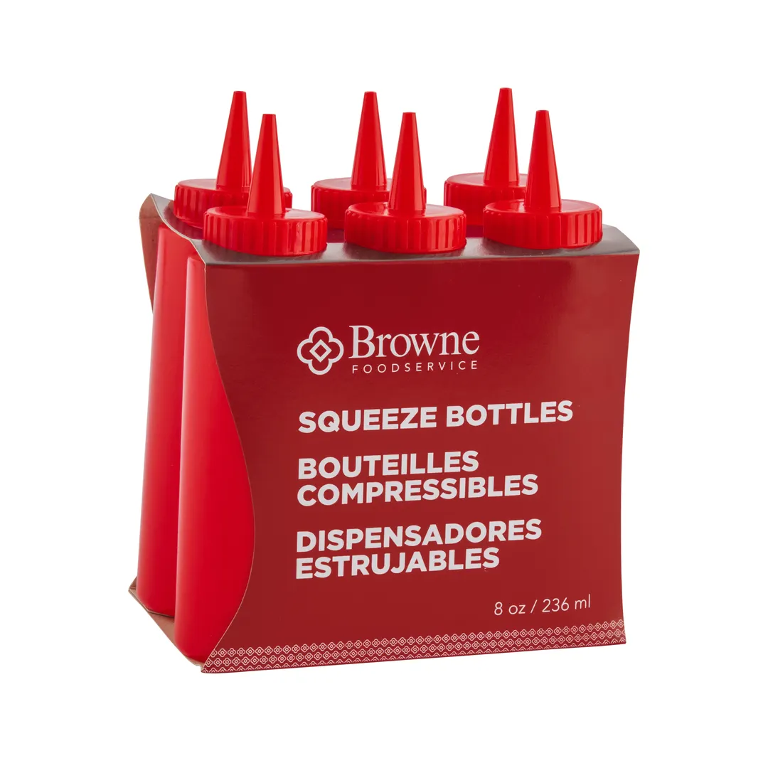 Browne USA 57800805 Squeeze Bottle, 8 oz Polyethylene Red Ketchup Dispenser with No-Drip Tip - 6/Set