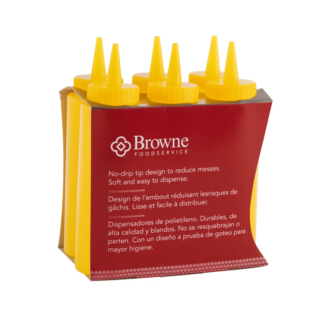 Browne USA 57800817 Squeeze Bottle, 8 oz Polyethylene, Yellow Bottle & Cap, Single Tip - 6/Set
