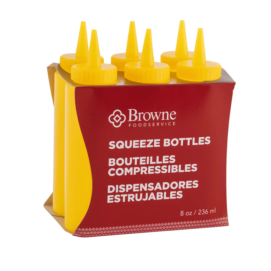 Browne USA 57800817 Squeeze Bottle, 8 oz Polyethylene, Yellow Bottle & Cap, Single Tip - 6/Set