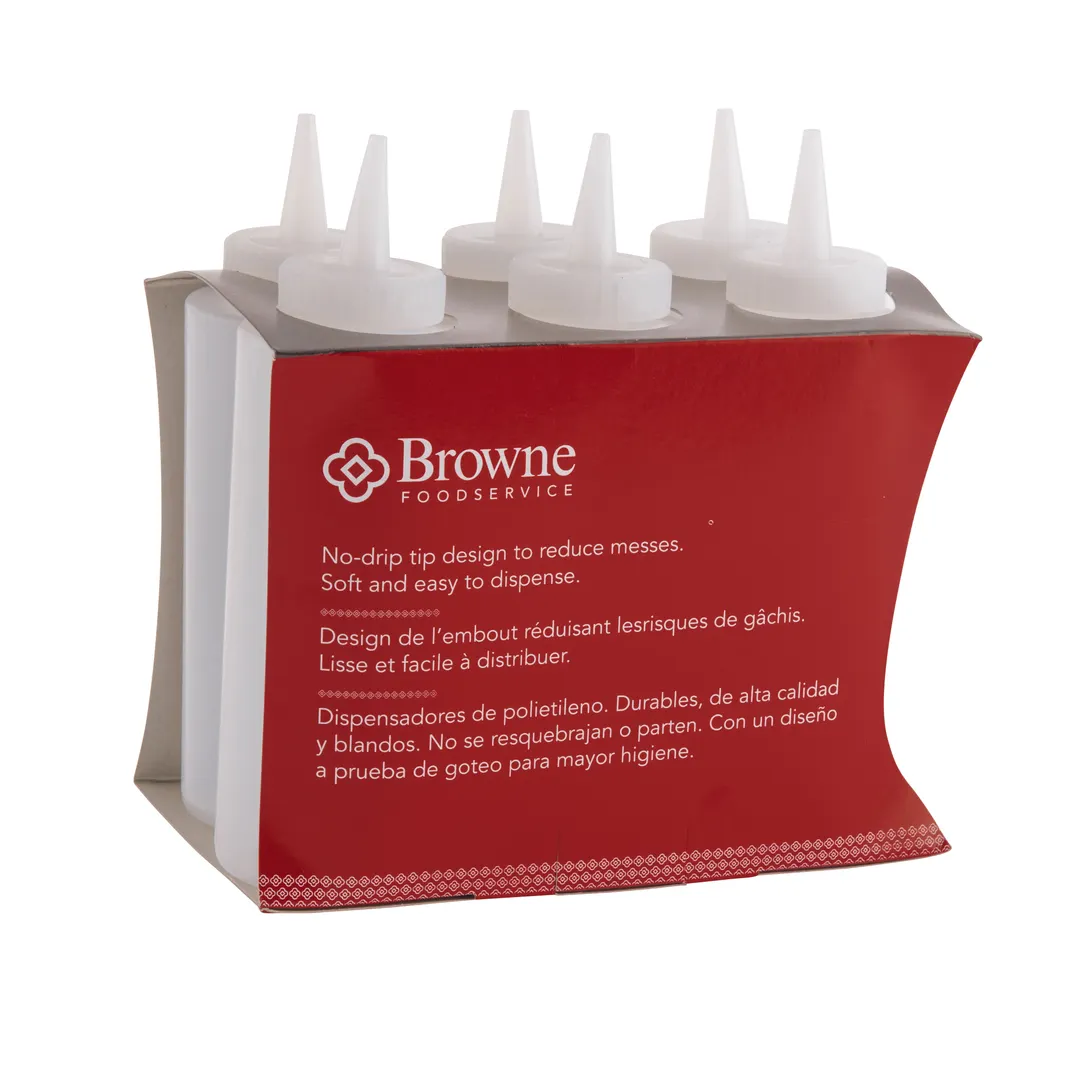 Browne USA 57801200 Squeeze Bottle, 12 oz Clear Polyethylene, No-Drip Tip, Clear/White Cap, - 6/Set