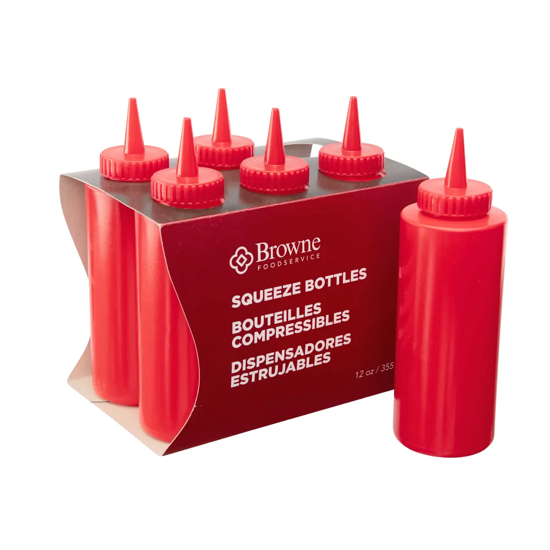 Browne USA 57801205 Squeeze Bottle, 12 oz Polyethylene Red, No‑Drip Tip, Standard Top - 6/Set