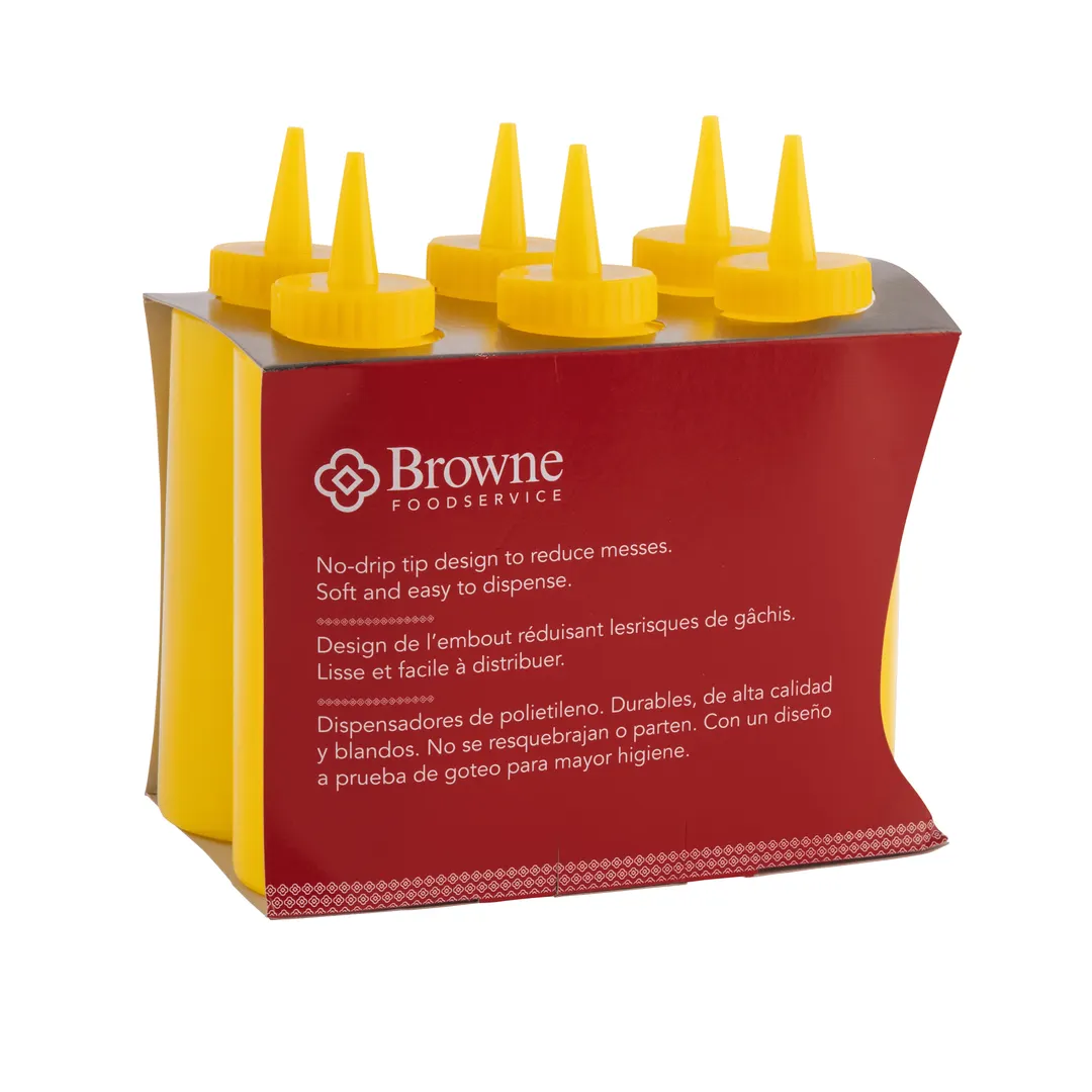 Browne USA 57801217 Squeeze Bottle, 12 Oz Yellow Polyethylene Mustard With Single No‑Drip Tip, 6/Set