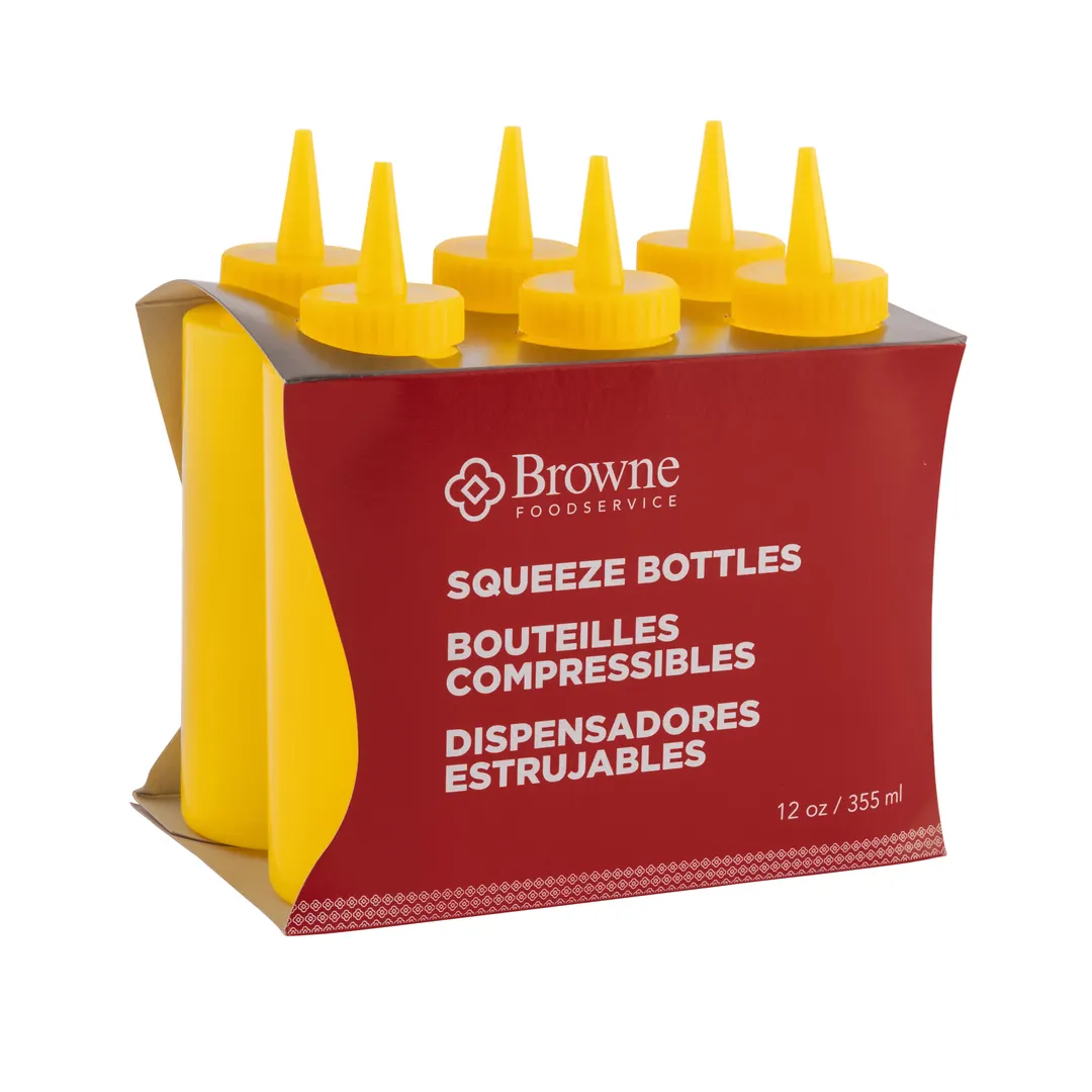 Browne USA 57801217 Squeeze Bottle, 12 Oz Yellow Polyethylene Mustard With Single No‑Drip Tip, 6/Set