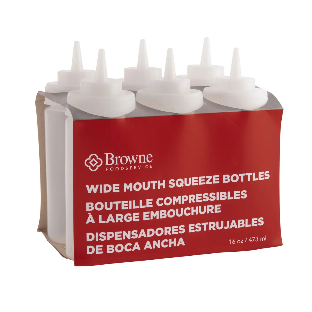 Browne USA 57801700 Squeeze Bottle – 16 oz PE Wide‑Mouth, No‑Drip Tip, Clear/White Cap – 6/Set